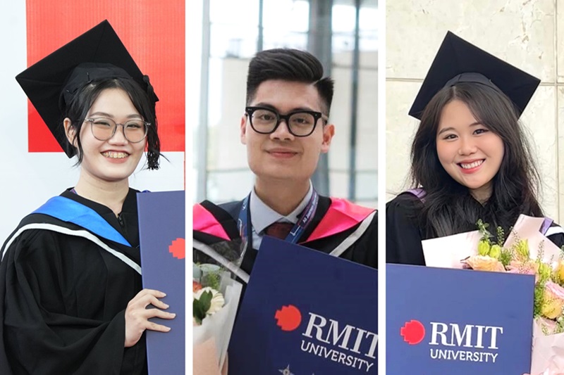 Three graduates smiling at camera and holding their RMIT testamurs