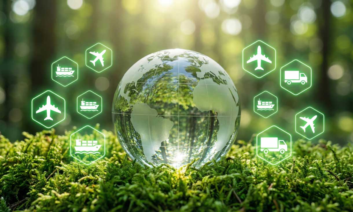 Glass globe on green moss with glowing sustainable logistics and transportation icons