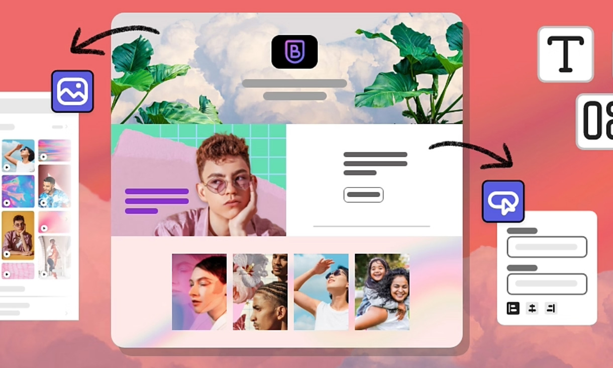 Illustrations on a bright coral background showcasing how to use Adobe Express with graphics in pink, purple and green. 