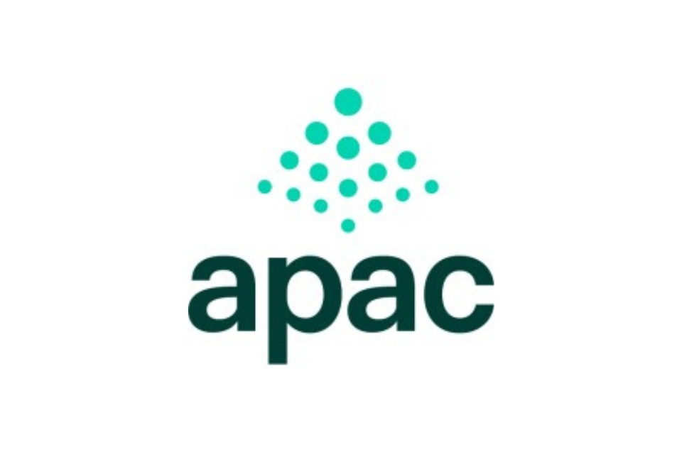 Light green dots in the shape of an arrowhead pointing upwards with the APAC text in dark green underneath.