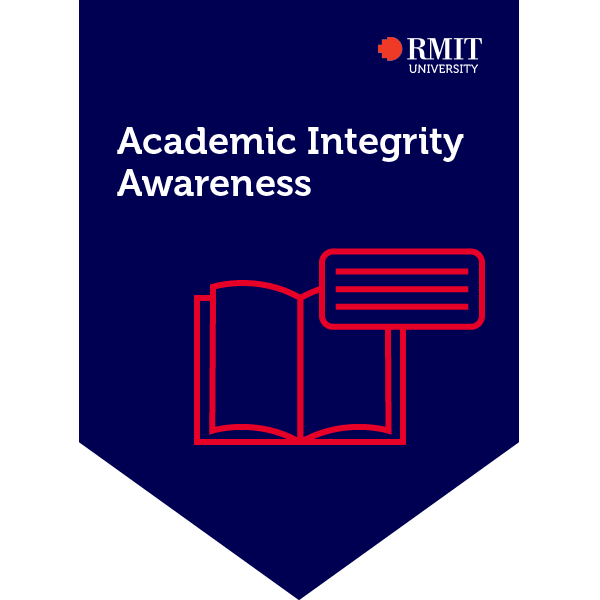 A graphic image books on a navy blue background, with 'Academic Integrity Awareness' written on it