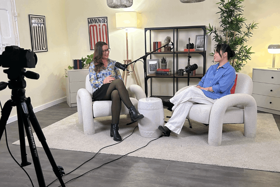student-ngoc-do-and-guest-speaker-lisa-rice-on-the-set-of-how-my-journey-started-podcast