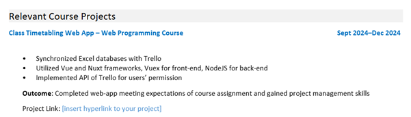 Sample CV section featuring work-integrated learning information