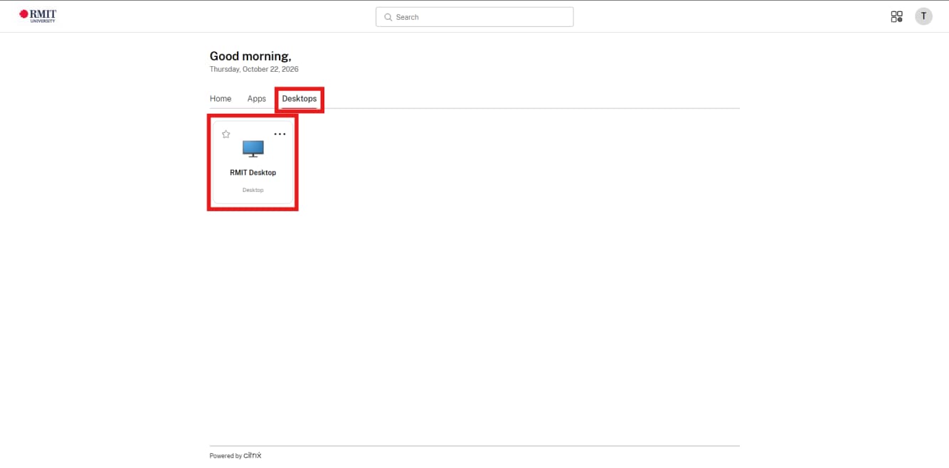 RMIT University Citrix interface displaying the “Desktops” tab with a highlighted RMIT Desktop icon and text, ready for desktop access.
