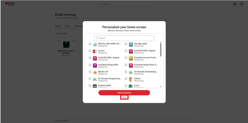 RMIT University Citrix interface with a pop-up to personalize the home screen, showing a list of app options and a red “Add to favorites” button.