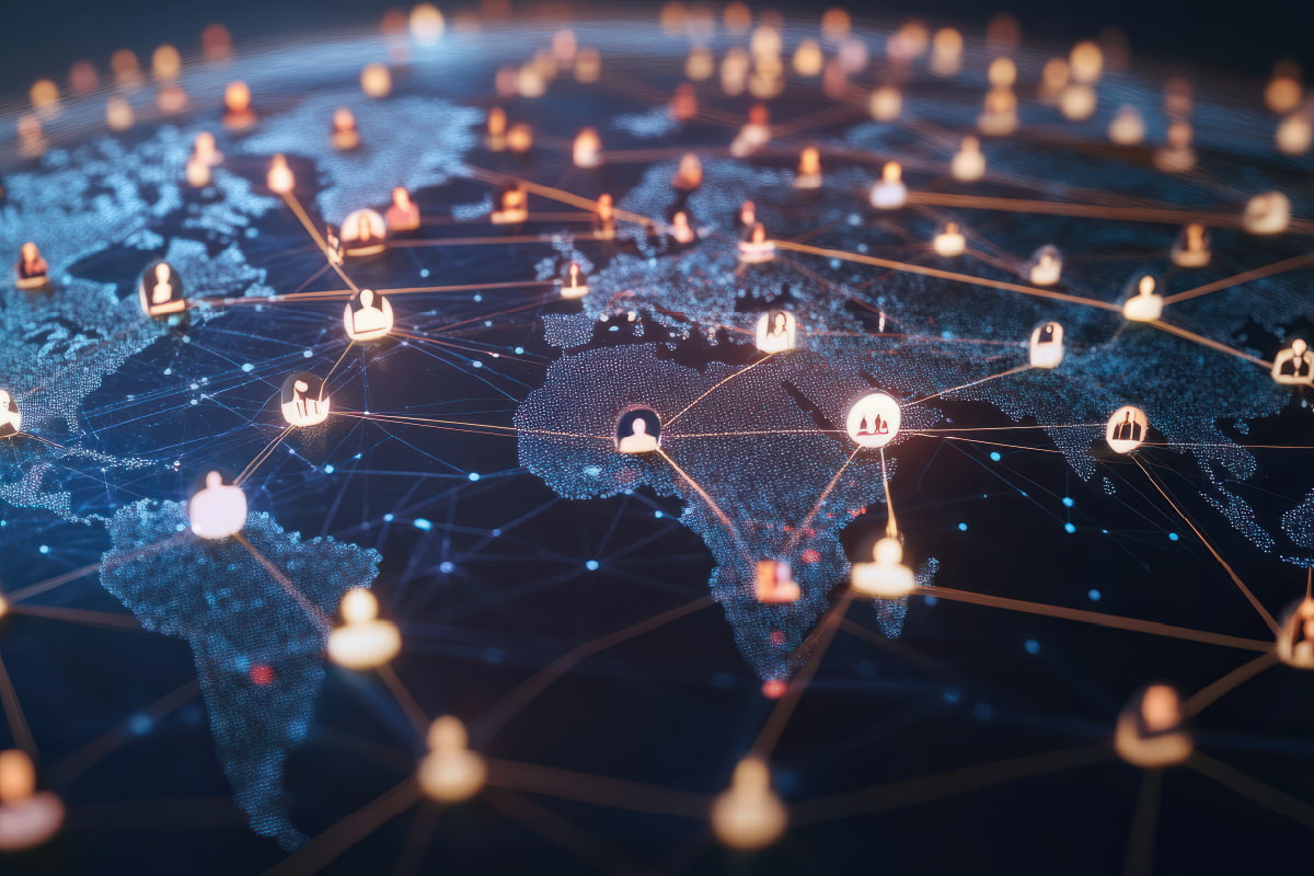 Global map with connected icons representing international networks.