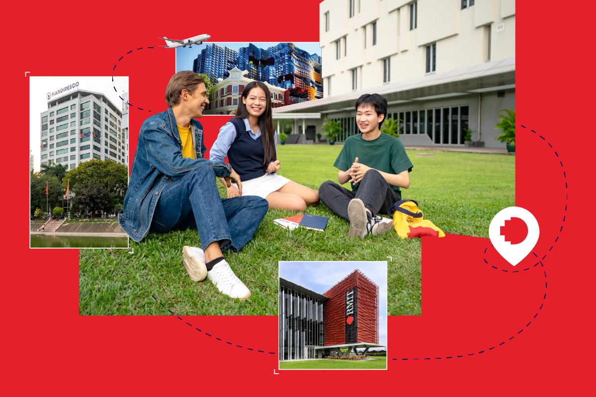 Thumbnail image for an RMIT webinar event, showing three students sitting and talking on a green lawn, overlaid with photos of RMIT campus buildings on a red background.