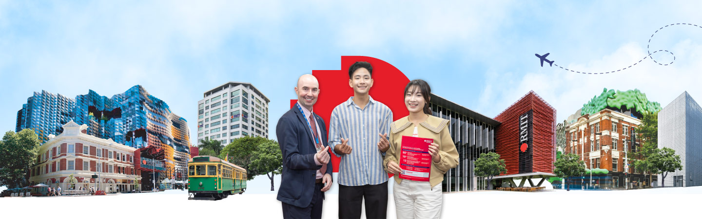 RMIT students and lecturers standing in front of a collage of RMIT campuses, city landmarks and study destinations in Vietnam