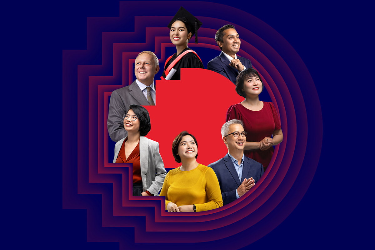 Group of RMIT staff and alumni in portrait mode encircled by the red RMIT pixel logo on a blue background.