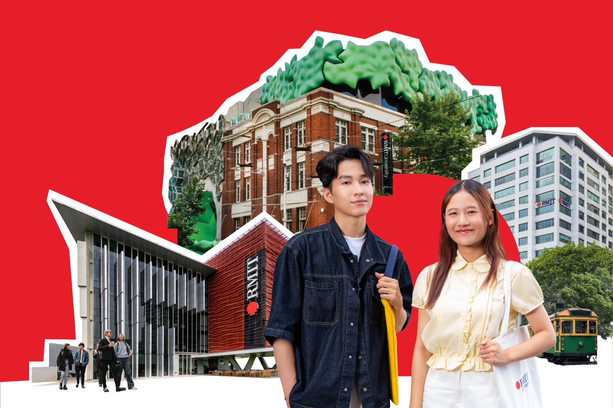 Two students stand in front of various campus buildings against a bright red background.