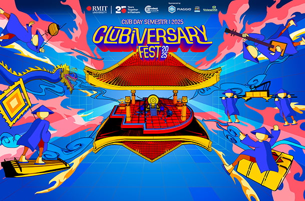 A digital poster of the RMIT Vietnam Clubiversary Fest 2025. It features a stylized illustration with a central pagoda-like structure and figures in blue robes, set against a blue and yellow background with sponsor logos at the top.