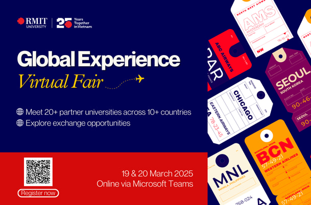Poster for RMIT Global Experience Virtual Fair, featuring a QR code for registration, details about meeting 20+ universities across 10+ countries, and exploring exchange opportunities. The fair is online via Microsoft Teams on March 19-20, 2025. The poster has a collage of travel luggage tags.