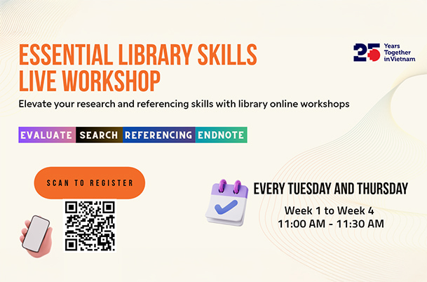 Photo of a flyer titled Essential Library Skills Live Workshops covering evaluation, search, referencing, and EndNote. Includes a QR code for registration, a calendar icon indicating Tuesdays and Thursdays, and the RMIT Vietnam 25th anniversary logo.
