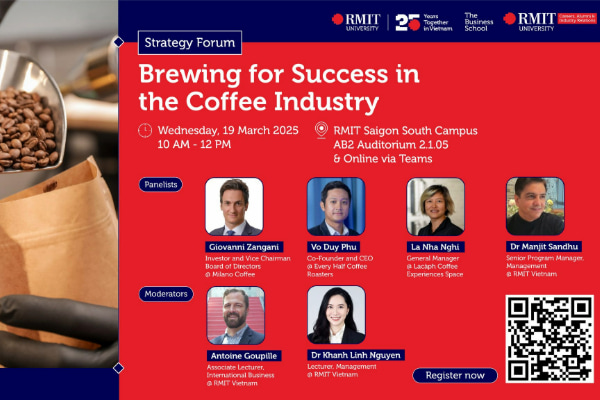 A poster advertising an RMIT University Business School Strategy Forum on the coffee industry, featuring panelists, moderators, date, time, and location in Ho Chi Minh City.