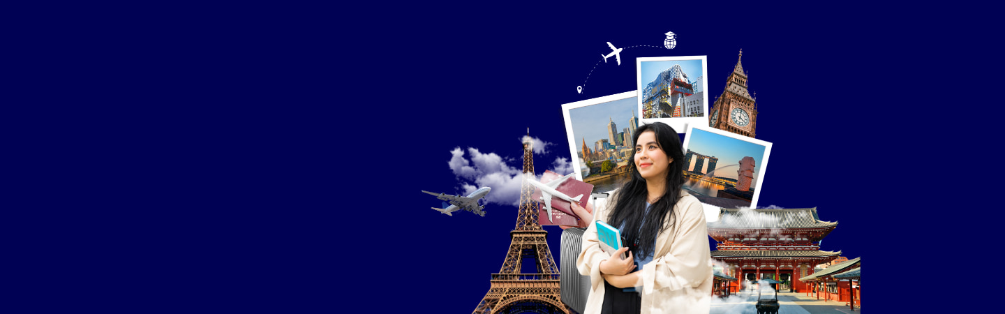 Thumbnail for an RMIT event depicting iconic global landmarks, a person holding a notebook next to a suitcase, with airplane imagery against a dark blue background.