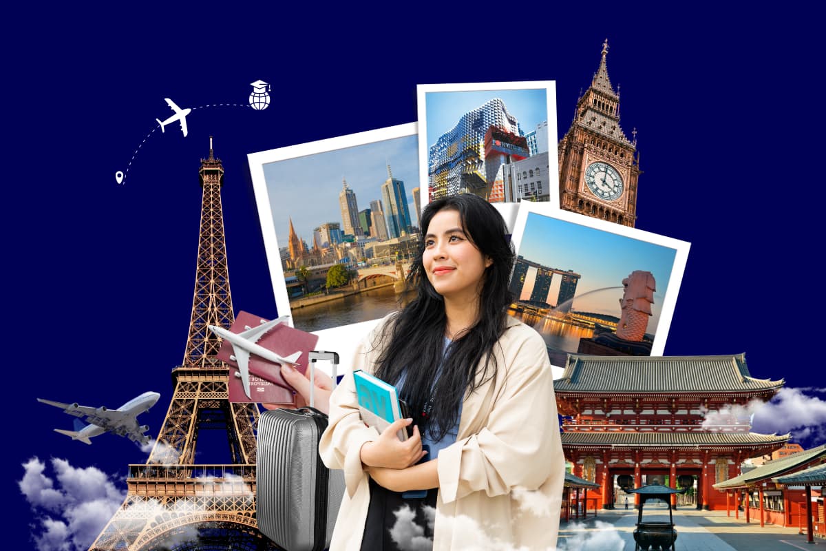 Thumbnail for an RMIT event depicting iconic global landmarks, a student holding a notebook next to a suitcase, with airplane imagery against a dark blue background.