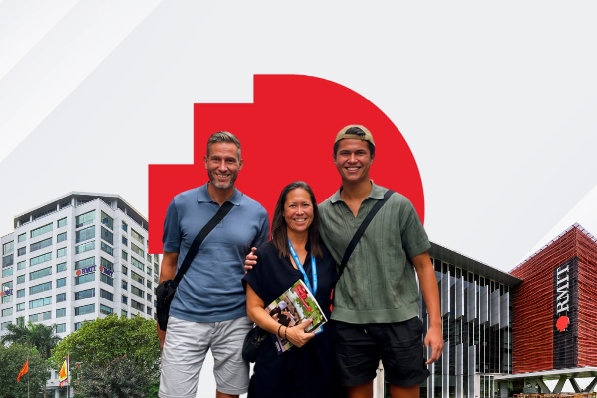 Local students and parents smiling and standing in front of RMIT campus buildings.
