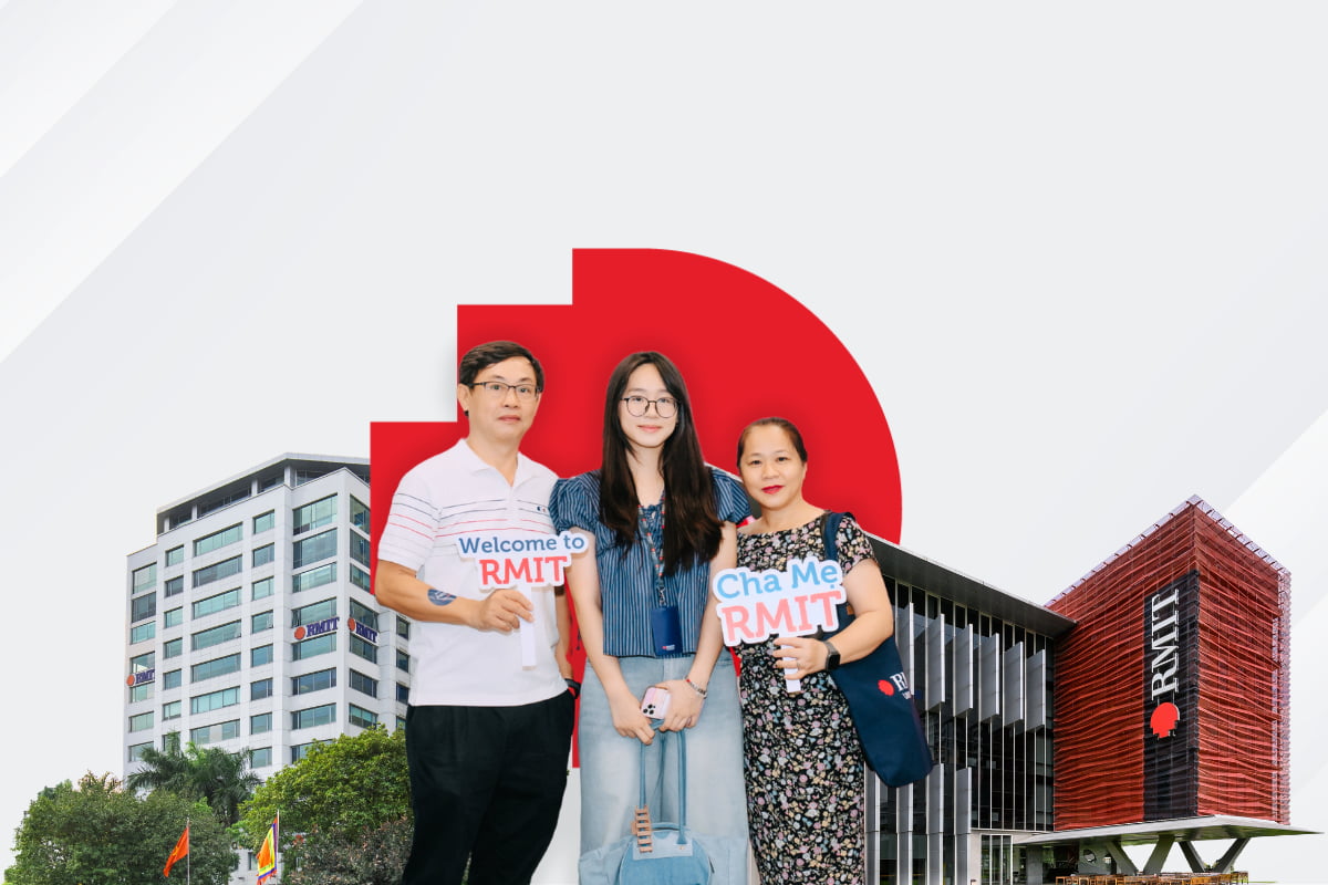 Local students and parents smiling and standing in front of RMIT campus buildings.