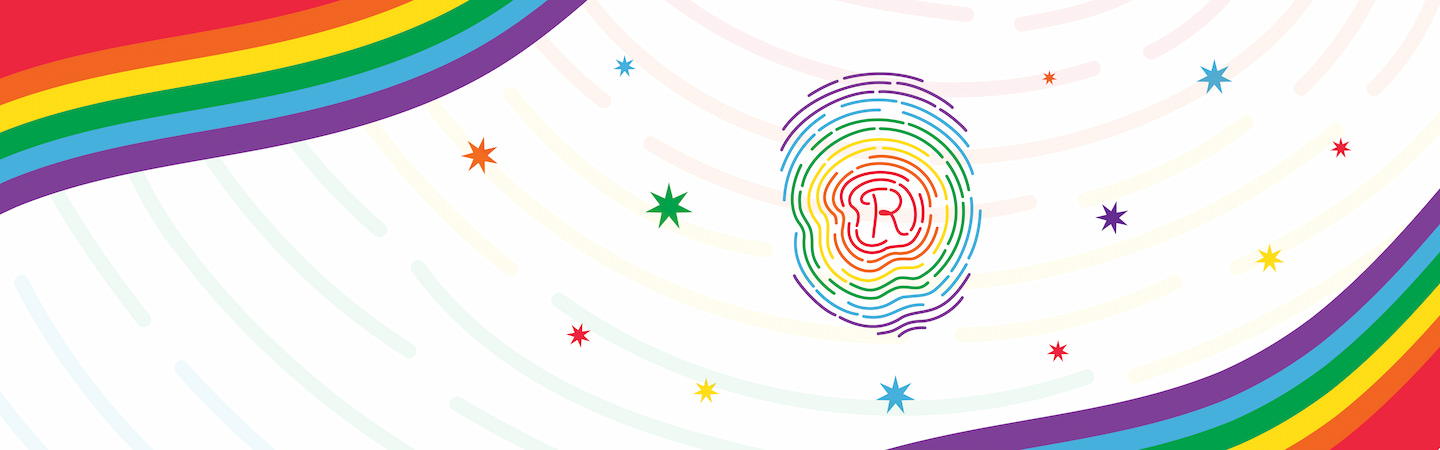 Rainbow fingerprint with a letter R in the centre, surrounded by stars and rainbow borders.