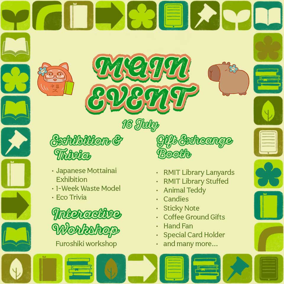 two cartoon animals reading, surrounded by eco-themed icons and highlights sustainability.
