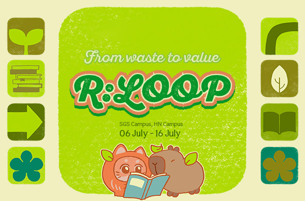 two cartoon animals reading, surrounded by eco-themed icons and highlights sustainability.