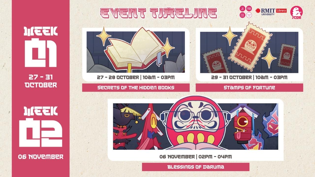 This photo is the illustration of Daruma, and also features key information about the timeline of our events such as day and time and locations