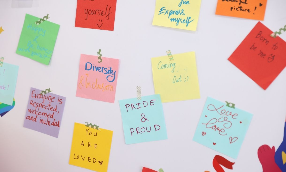 The photo of various colorful sticky noted, pinned on the wall. 