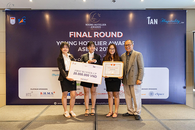 RMIT Tourism & Hospitality Management students Ngo Bao Quan, Le Quang Kim Ngan and Nguyen Quang Hong Phuc won second place at the Young Hotelier Awards ASEAN 2019 for their sustainable startup idea.