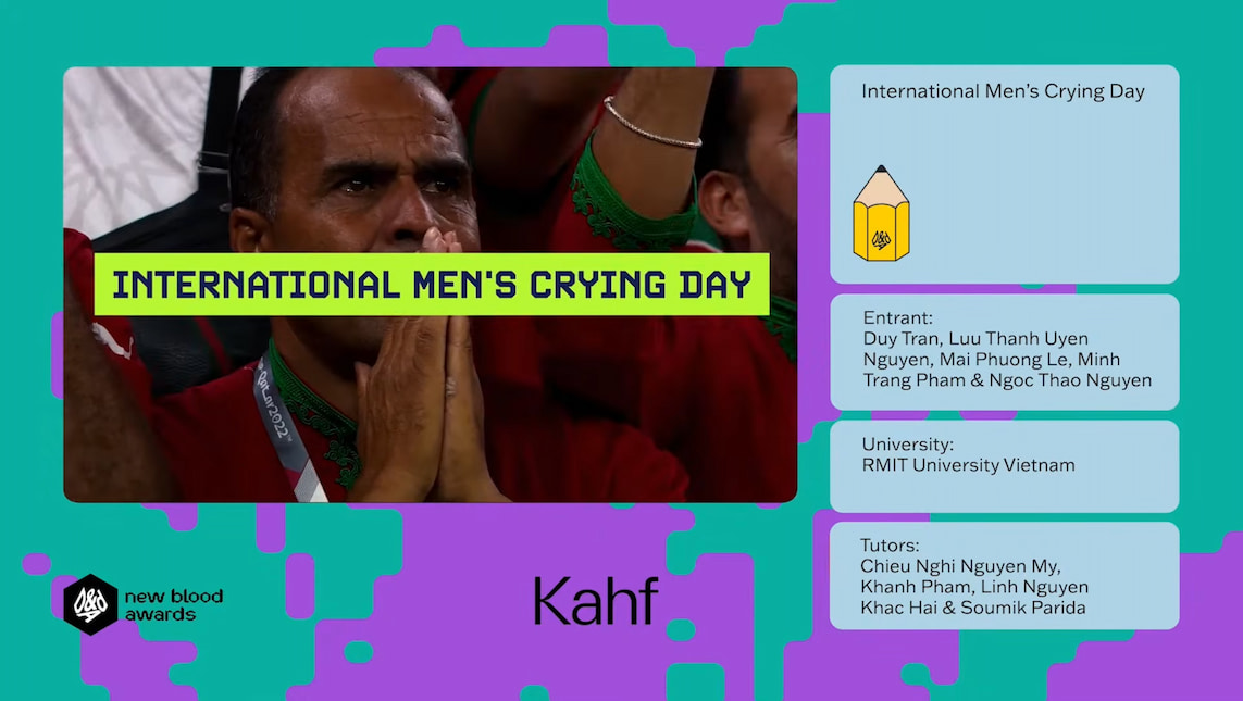 Chiến dịch International Men's Crying Day đem lại cho sinh viên Đại học RMIT giải Bút chì Vàng danh giá tại cuộc thi D&AD New Blood Awards 2026. (Hình: BTC) 