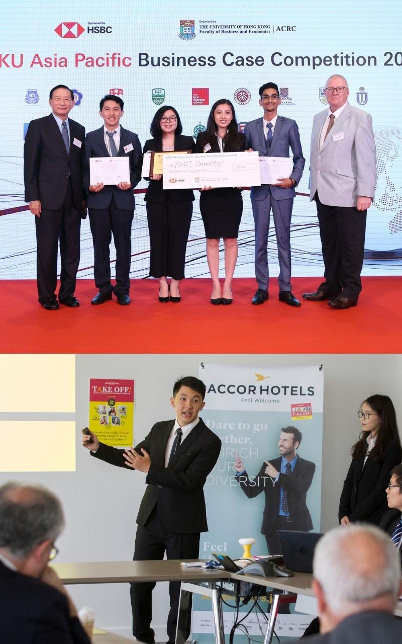 A collage of two images. The first shows a group of people standing on a stage holding a large presentation cheque and certificates at the HSBC/HKU Asia Pacific Business Case Competition 2018, with event branding displayed on a screen behind them. The second image shows several people in business attire presenting in a meeting room; one person is standing and gesturing toward a projected slide while others stand or sit nearby, with observers seated in the foreground.