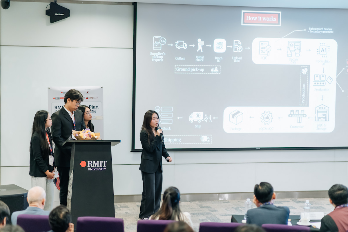 A finalist team presents their tech-driven business solution during the pitching session at the RMIT Business Plan Competition 2025. (Photo: RMIT) 