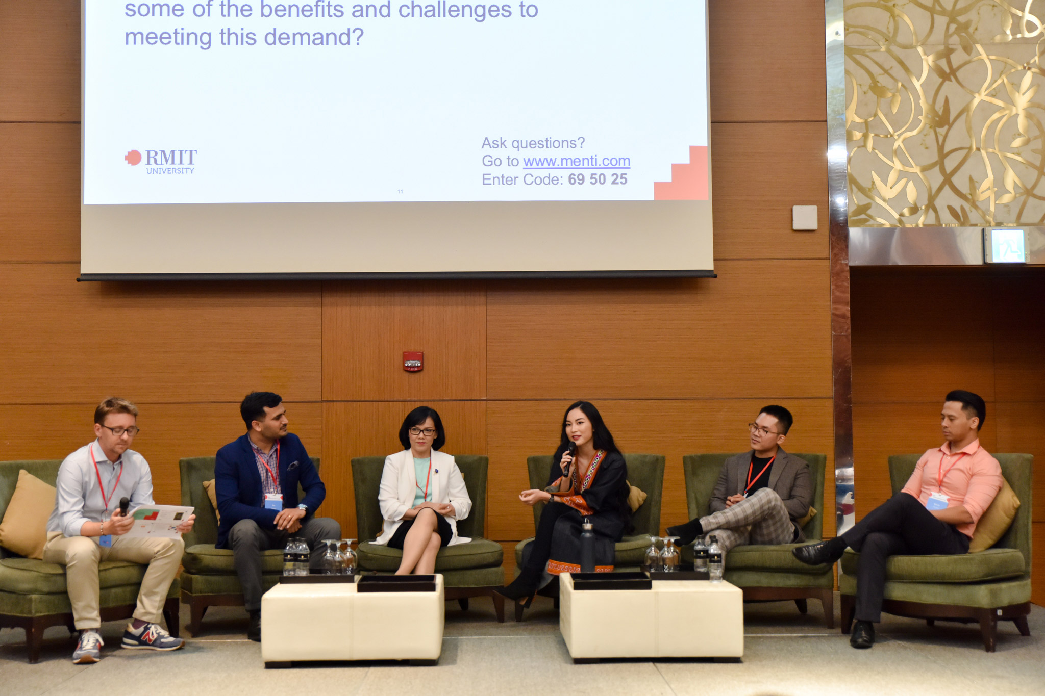 (From left) Expert panellists RMIT University Professional Communication Lecturer Dr Justin Battin, Yeah1 Group Director of International Business Mr Sha, Navigos Search Managing Director Ms Mai Nguyen, The Yen Concept and Lai Day Refill Founder Ms Helly Tong, Adtima Account Lead Mr Phi Huynh, and RMIT University Logistic and Supply Chain Management Associate Lecturer Mr Bill Au at the Global Innovation Series event 
