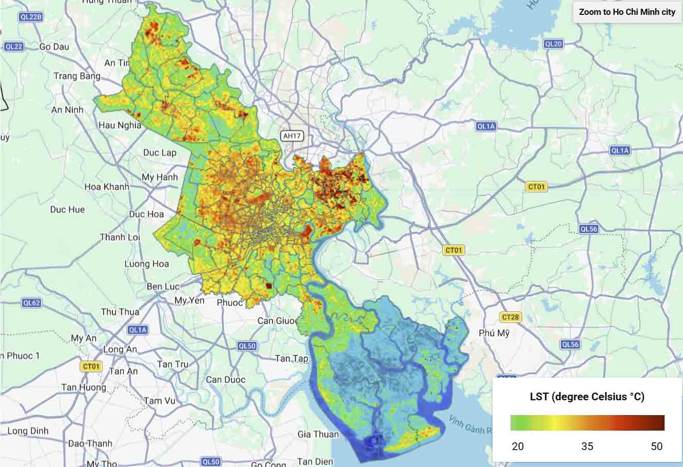 Heat map of land surface temperature across Ho Chi Minh City using pre-merger administrative boundaries, showing hotter urban areas in red and orange and cooler areas in blue.