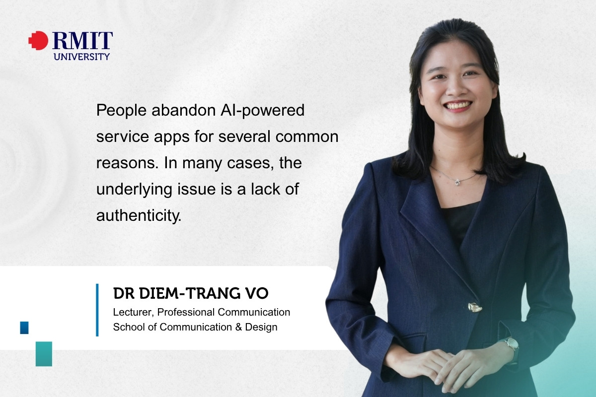 Dr Trang Vo next to a quote saying: "People abandon AI-powered service apps for several common reasons. In many cases, the underlying issue is a lack of authenticity."