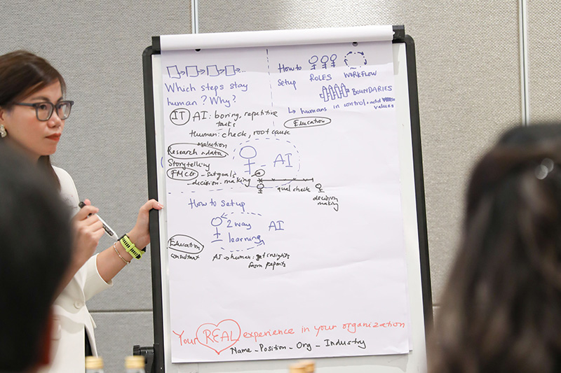 Person standing next to a flip chart