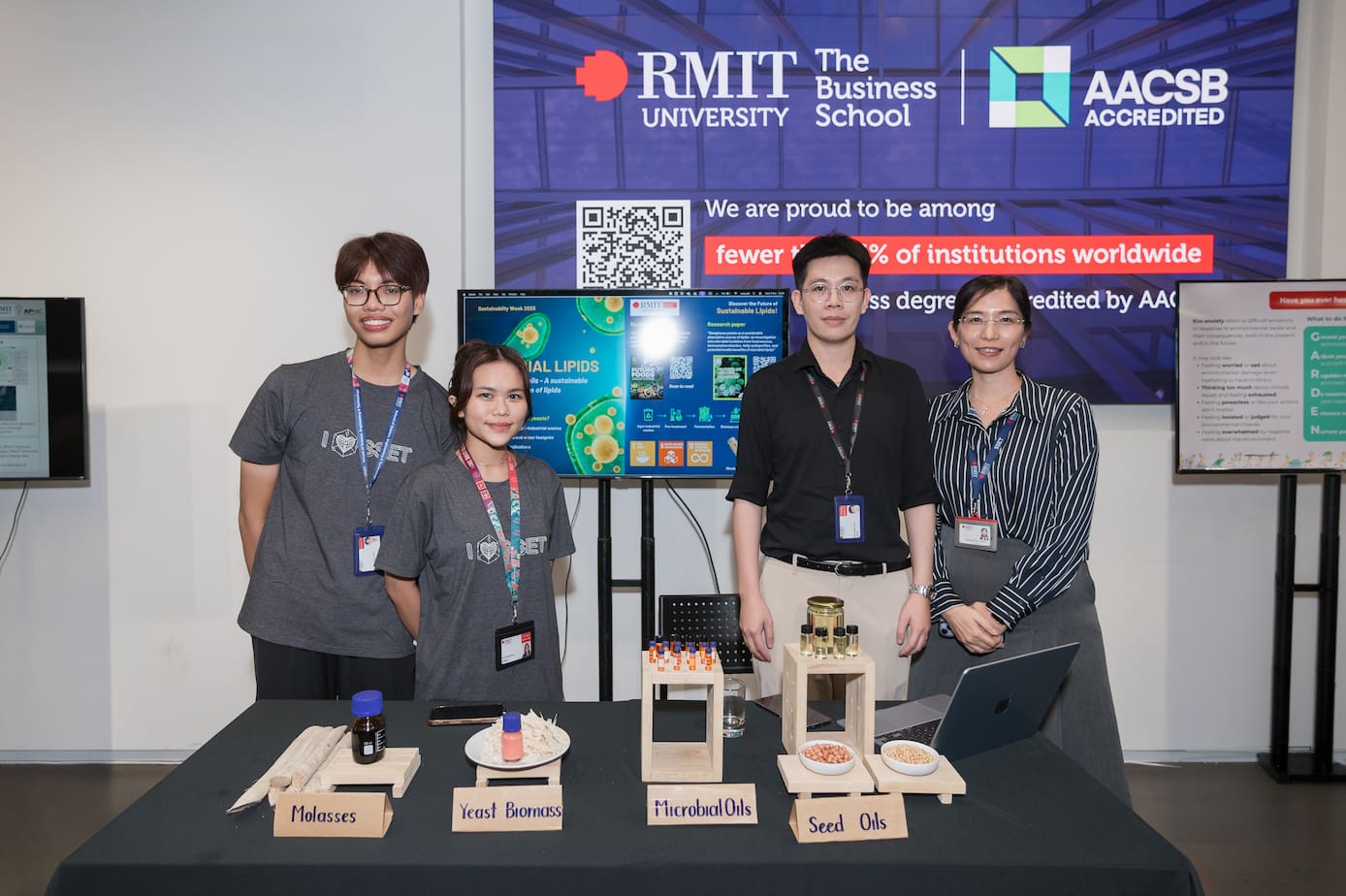 Nghiên cứu sinh Đại học RMIT Nguyễn Quốc Duy (thứ hai từ phải sang) và Tiến&nbsp;sĩ Trương Thục Tuyền (ngoài cùng bên phải) bên mô hình nghiên cứu dầu ăn bền vững từ sinh khối nấm men. (Hình: RMIT)