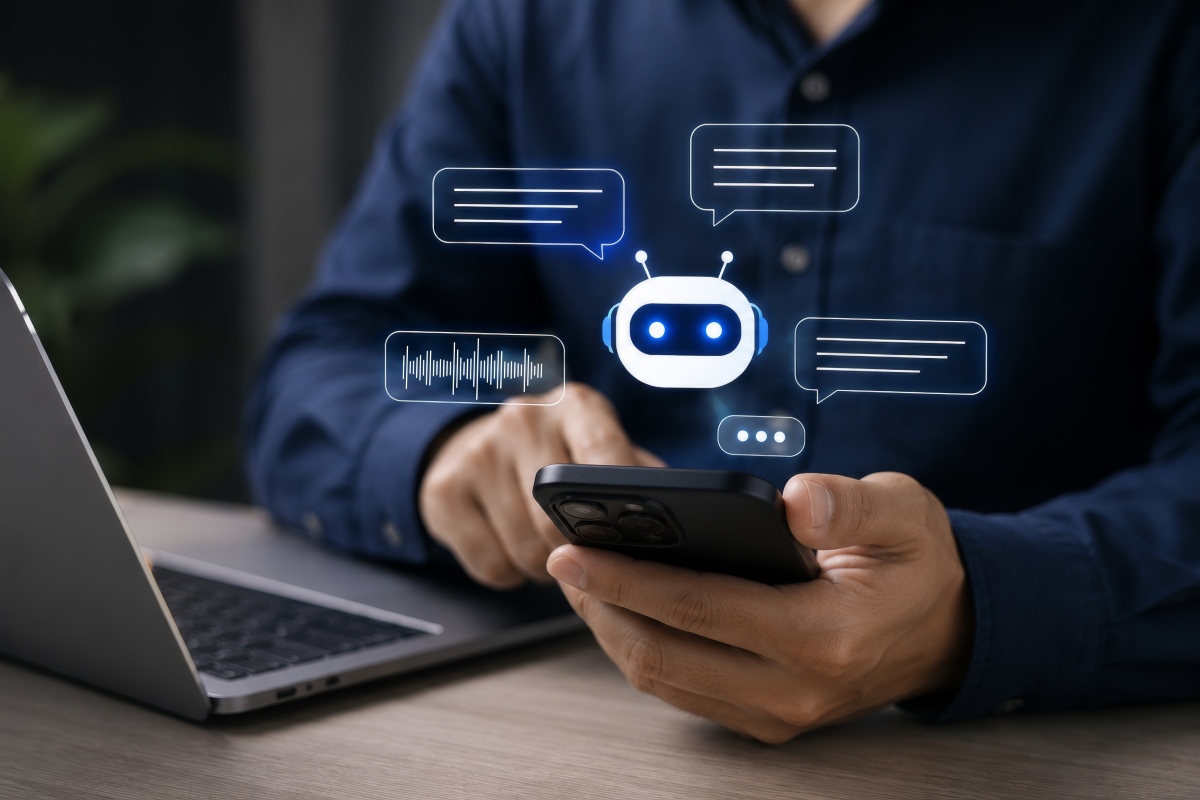 a person holding a smartphone with a chatbot illustration above it