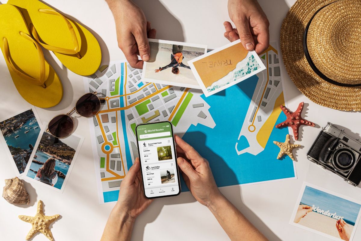 Flatlay photo of travel accessories