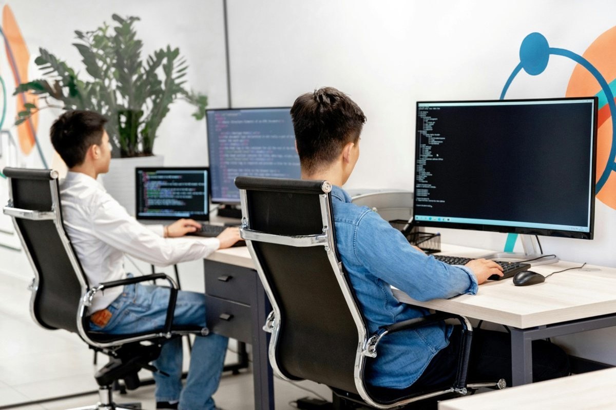 Two computer programmers coding