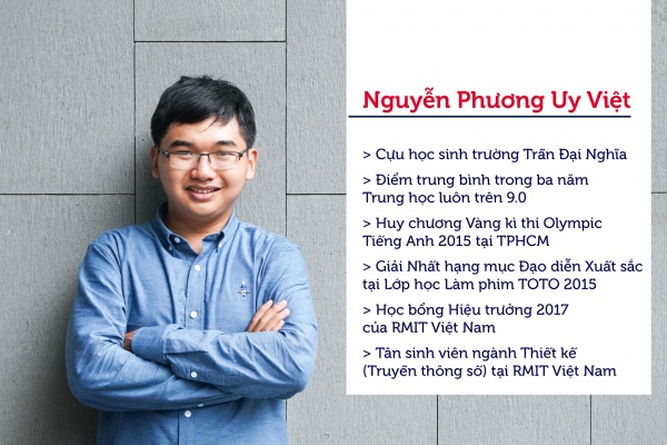 Nguyễn Phương Uy Việt, sinh viên ngành Thiết kế (Truyền thông số), là sinh viên nhận Học bổng Hiệu trưởng 2017.