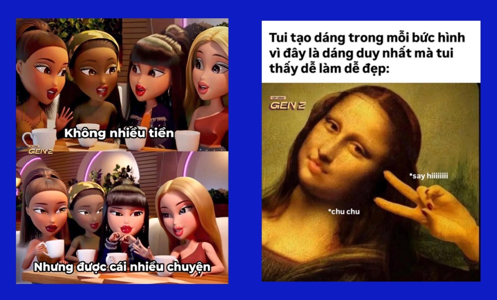 Hai meme với nội dung: “Không nhiều tiền nhưng được cái nhiều chuyện” và “Tui tạo dáng trong mỗi bức hình vì đây là dáng duy nhất mà tui thấy dễ làm dễ đẹp”.