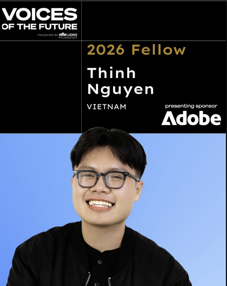 Portrait of a young man smiling against a blue background, with graphic text above reading “Voices of the Future 2026 Fellow, Thinh Nguyen, Vietnam,” and sponsor logo Adobe.
