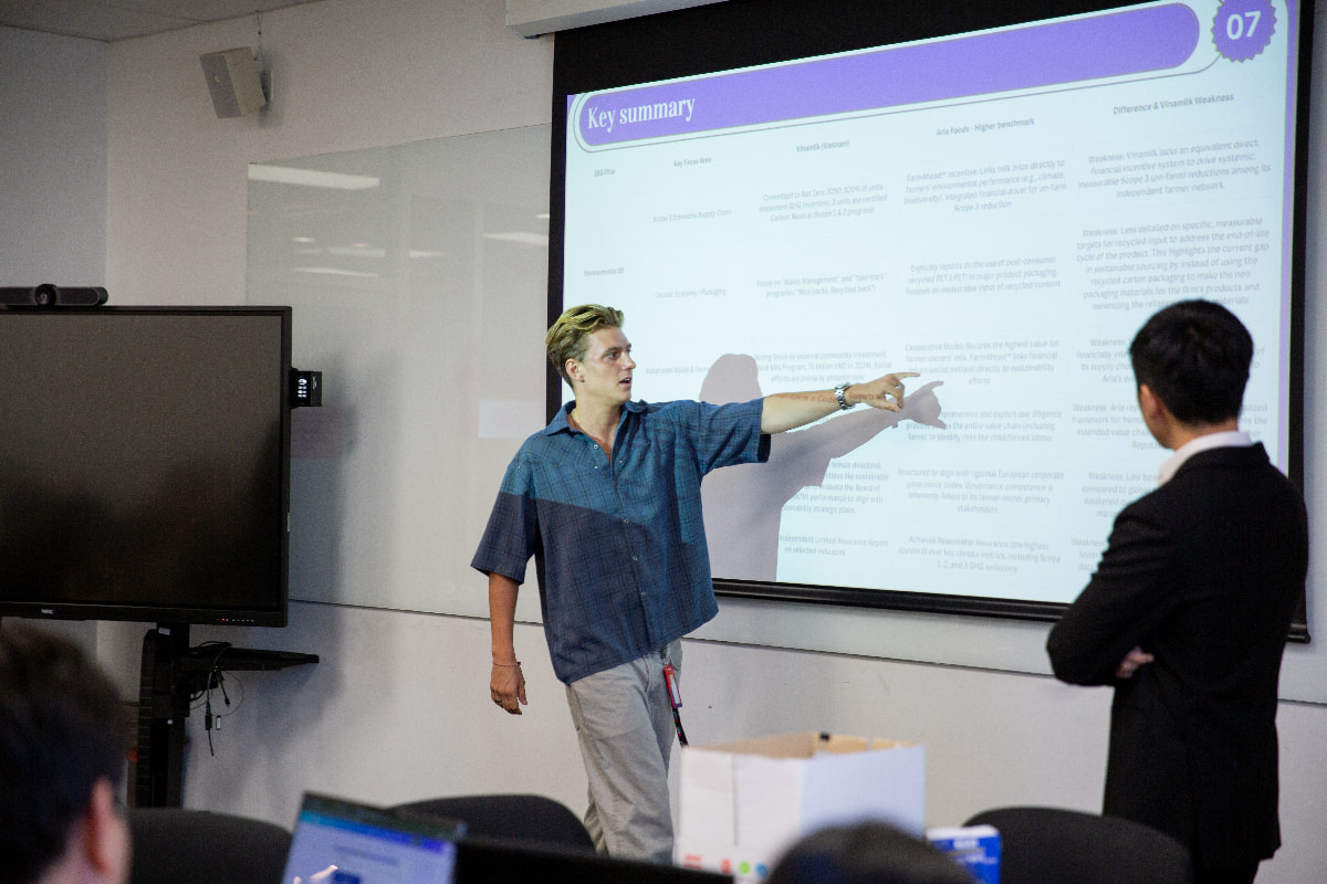 A student is presenting in the class of Sustainable International Business Futures course, MIB program at RMIT Vietnam.