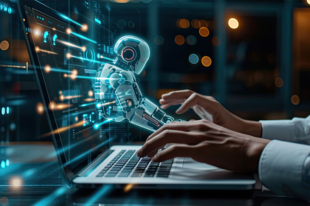 a hand typing on laptop with a robot reaching out from the screen