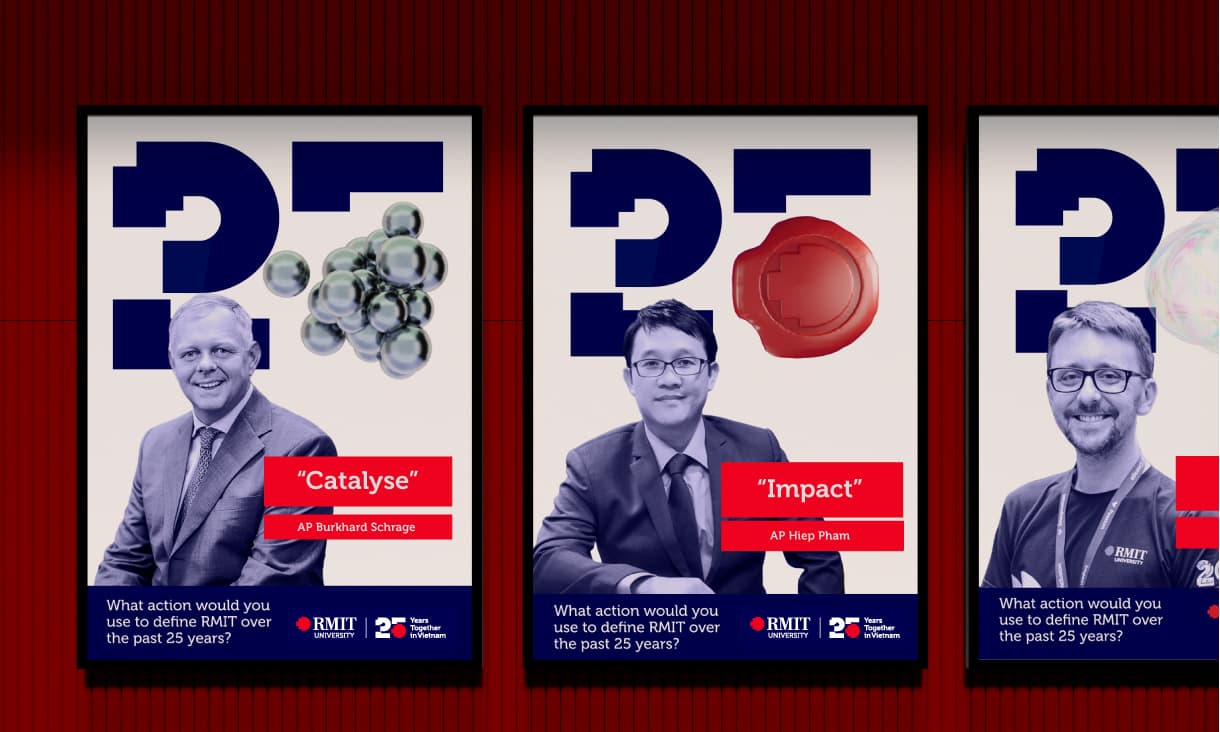 25th anniversary logo mocked up on 3 posters featuring a single lecturer in the foreground and dummy text.