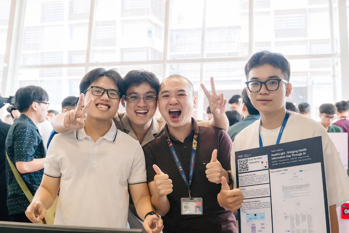 A group of people at an event, showcasing a project titled "HealthLight – Bridging Health Information Gap Through AI," with a focus on innovation and collaboration.