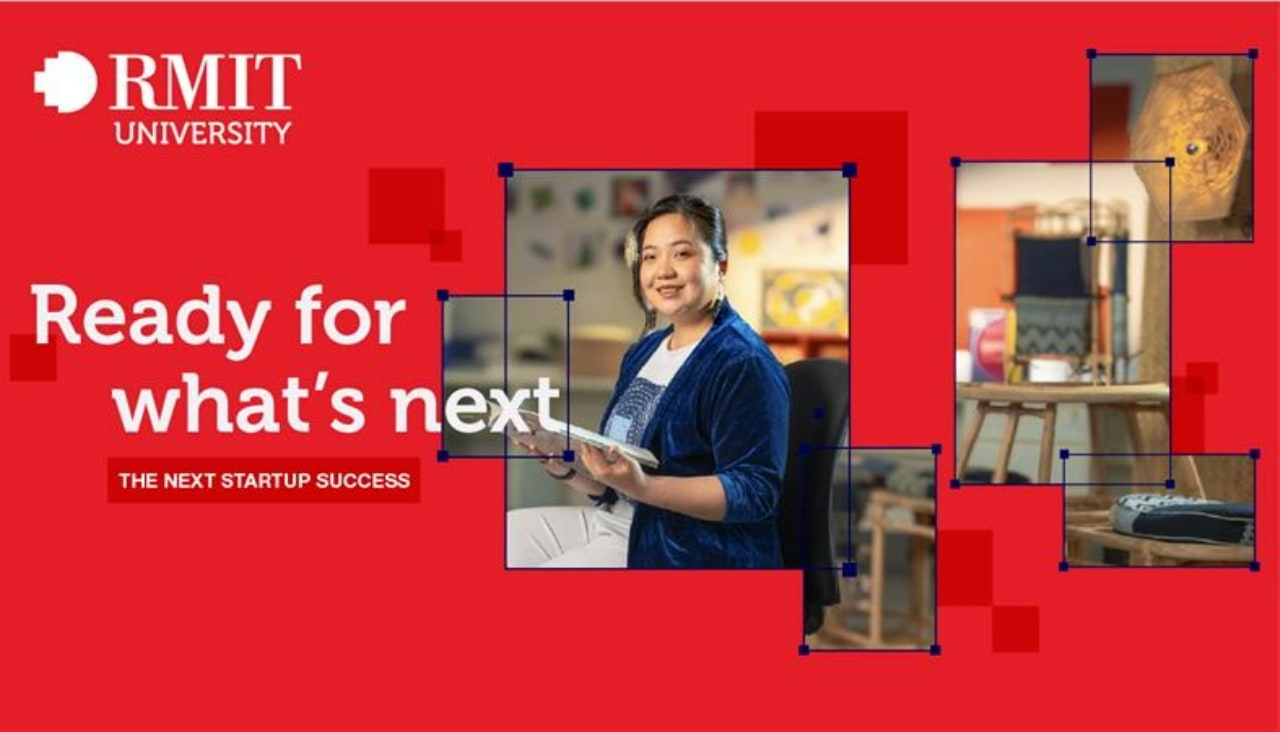 Video thumbnail for Nguyen Huyen Chau, RMIT Vietnam's Bachelor of Commerce alumna, featuring the text "Ready for what's next: The Next Startup Success" on a red background, with images highlighting creative workspace elements.