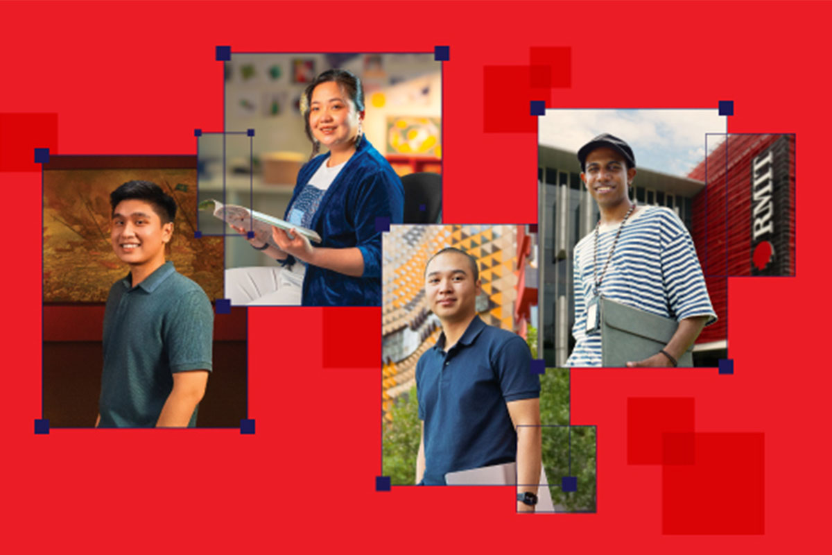 Photo collage of four RMIT Vietnam's alumni/student, set against a vibrant red background with abstract square elements.