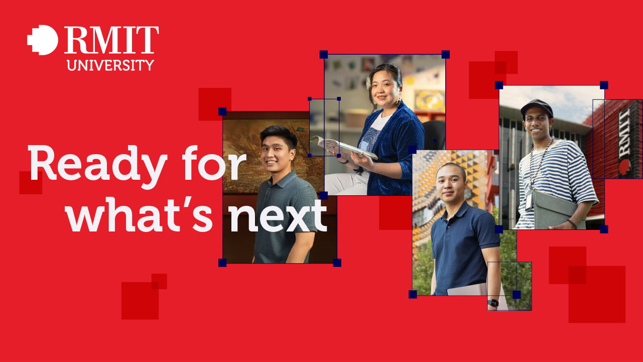 Photo collage of four RMIT Vietnam's alumni/student, set against a vibrant red background with abstract square elements and the tagline Ready for what's next