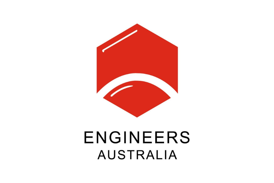 Red Engineers Australia logo featuring a stylized white bridge inside a hexagon above the text "Engineers Australia."